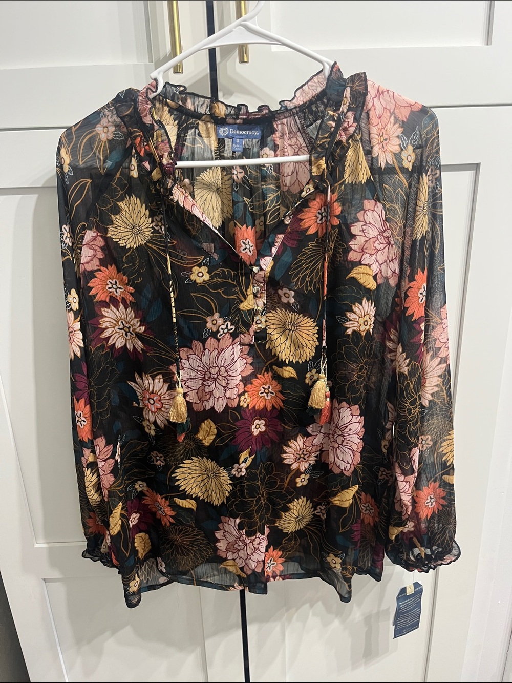 Democracy Black Sheer Floral Blouse with Pink, Mustard & Teal Accents